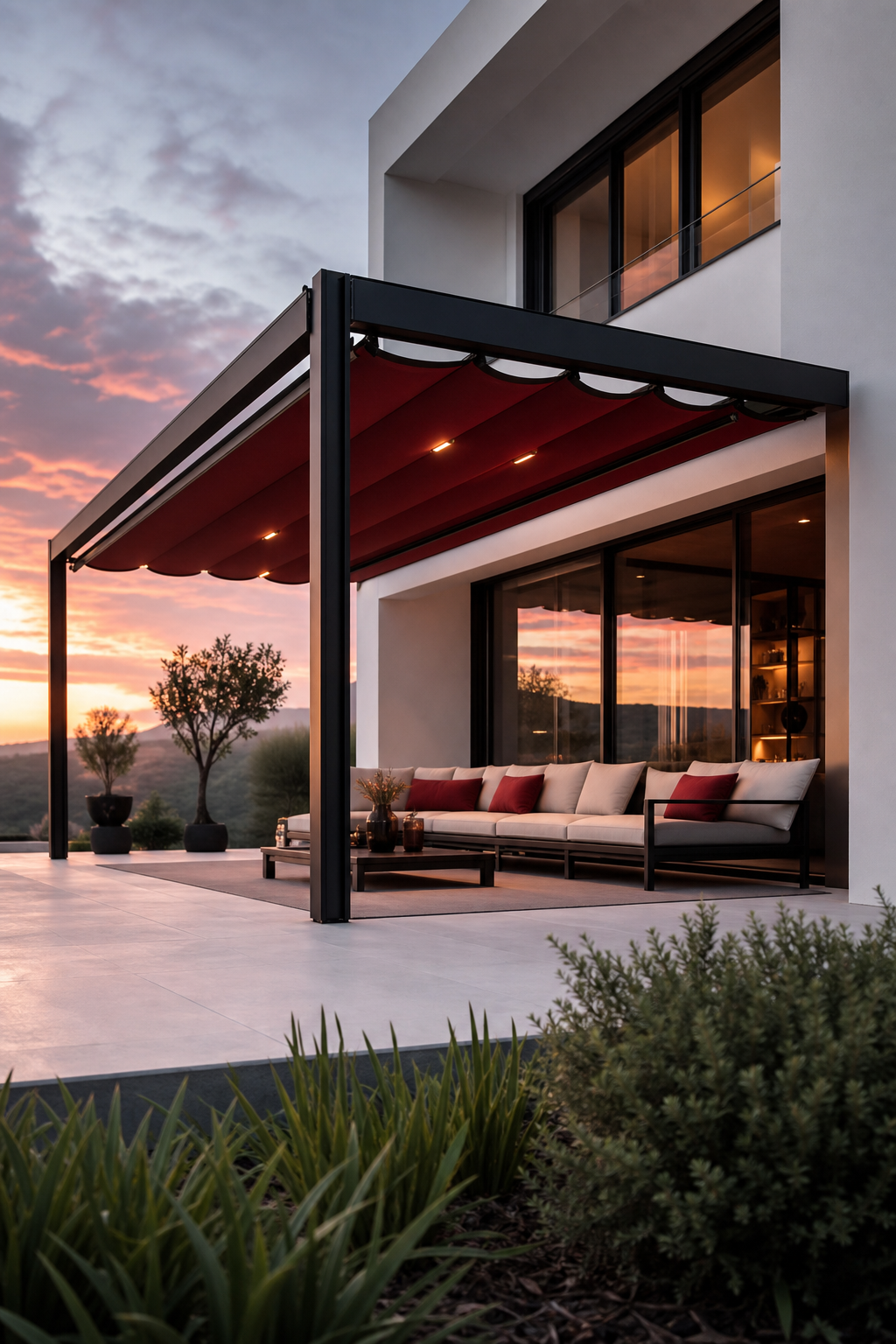 Pergola moderna con struttura scura e tende rosse su terrazzo