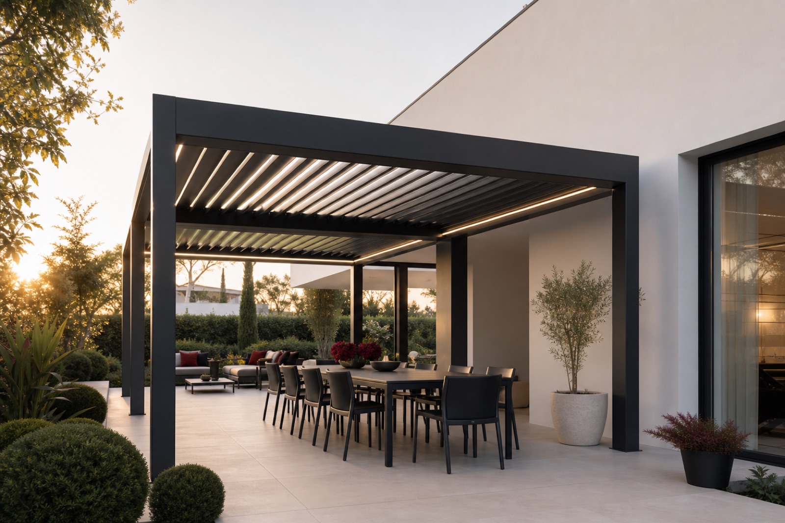 Pergola bioclimatica nera con lamelle orientabili e zona pranzo esterna
