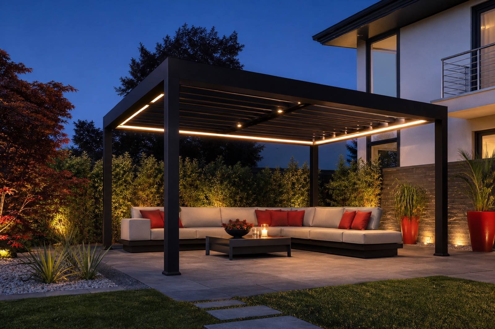 Pergola bioclimatica illuminata in giardino con area lounge