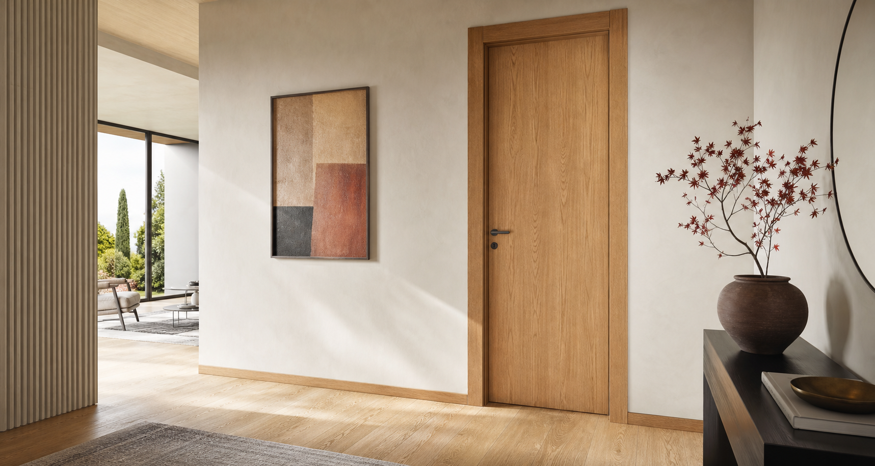 Porta interna moderna in legno naturale in un corridoio elegante