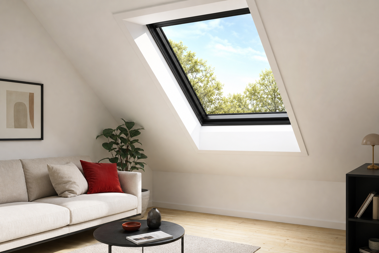 Finestra Velux in mansarda luminosa con divano