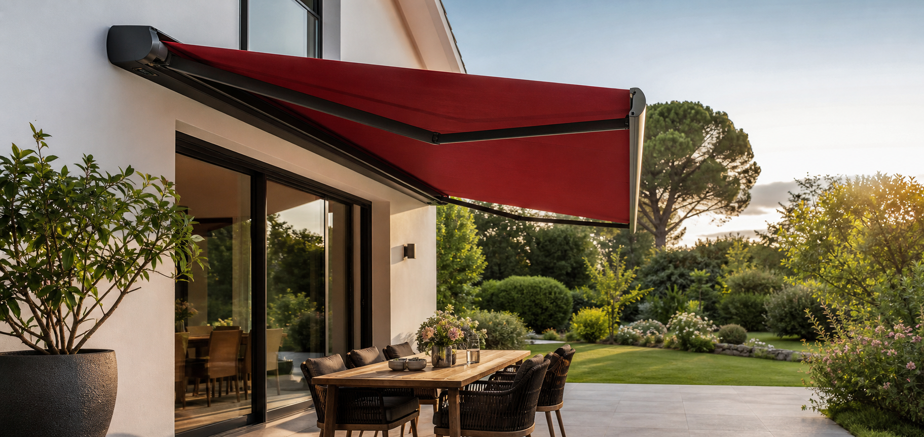 Tenda da sole a cassonetto su patio con zona pranzo esterna